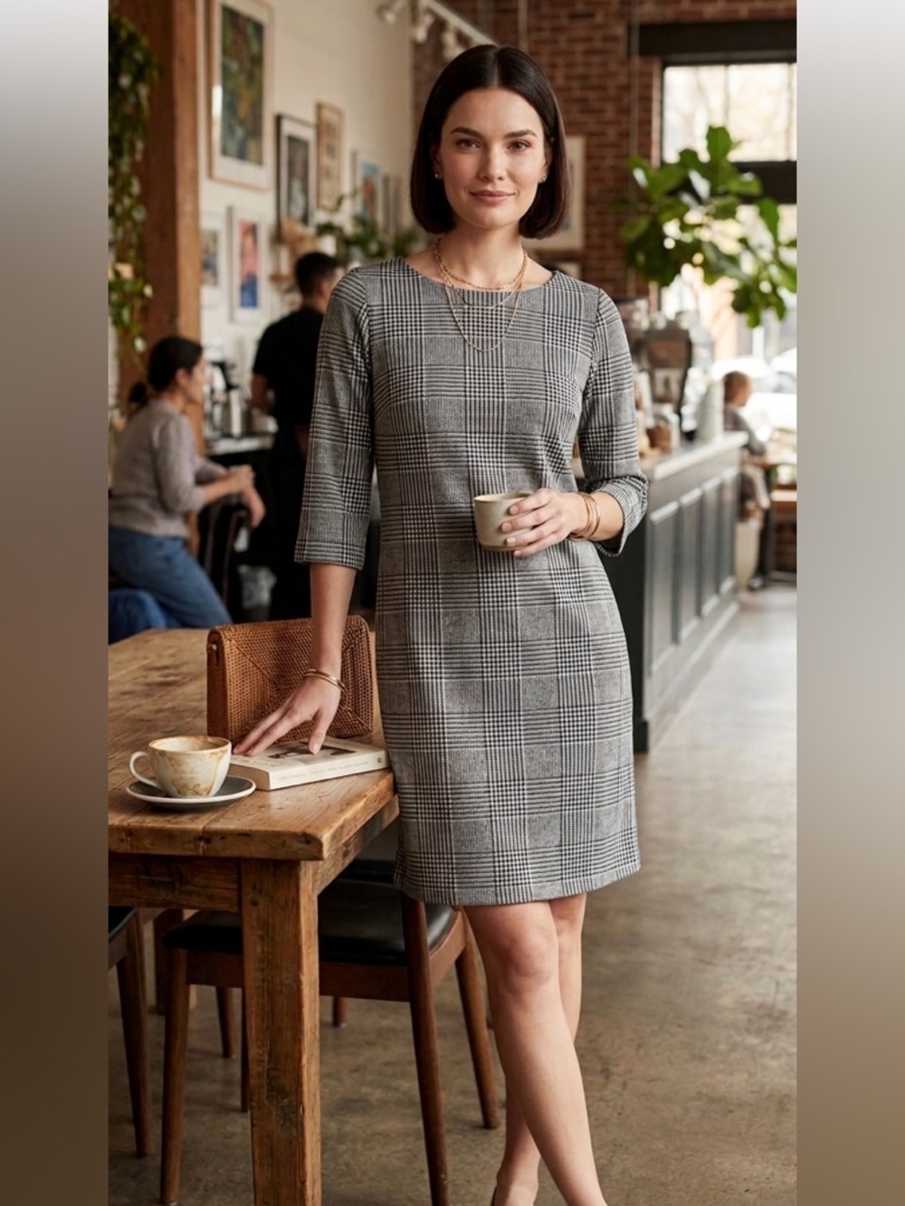 Vince Camuto Plaid Shift Dress Size 8 Minimal Chic 3/4 Sleeve Classic Neutral